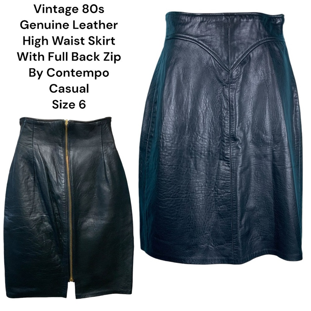 Vintage 80s-90s Y2K Genuine Full Zip Back Soft Genuine Leather Skirt, Black, 6